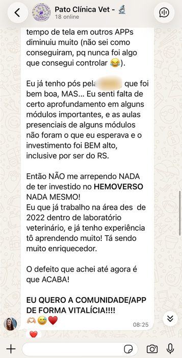 Depoimento de aluna da 1ª turma comparando com outra pós-graduação